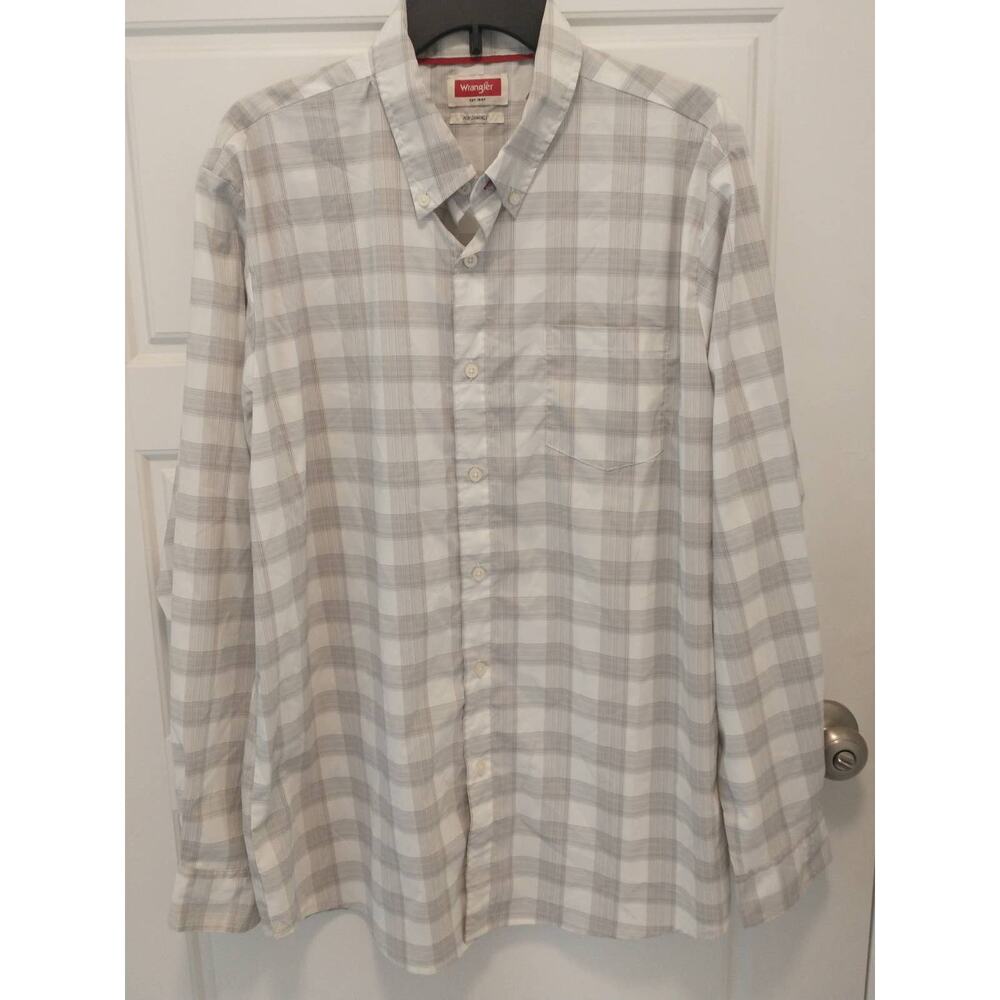 Wrangler Performance Shirt Mens XL White Gray Plaid Long Sleeve Button Down